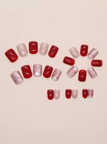 24 件短方形红色蝴蝶结闪亮猫眼温柔女孩假指甲套装，适合女性、学生、办公室职员、日常佩戴、约会按压指甲美甲用品指甲 - 彩色 - 查看 3