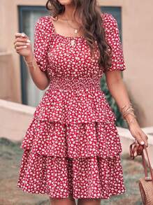 Women's Summer Floral Skirt Square Neck Short Sleeve Layered Peplum Waist Boho Swing Dress And Sundress - 紅色 - 查看 1