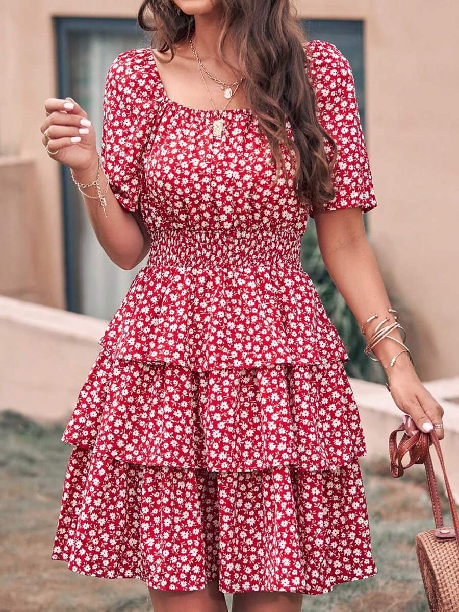 Women's Summer Floral Skirt Square Neck Short Sleeve Layered Peplum Waist Boho Swing Dress And Sundress - 紅色 - 查看 1