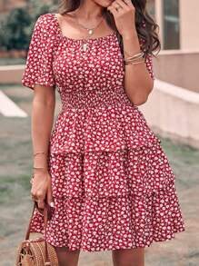 Women's Summer Floral Skirt Square Neck Short Sleeve Layered Peplum Waist Boho Swing Dress And Sundress - 紅色 - 查看 5