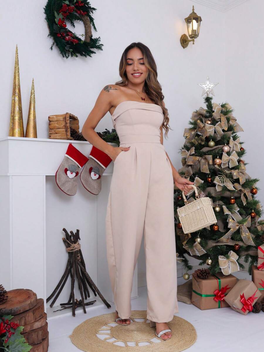 Strapless Wide Leg Jumpsuit - Mocha Brown - View 1