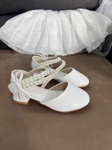 1 Pair Girls Elegant Bow Pearl Rhinestone Princess Design Dress Shoes, Pink Breathable Non-Slip High Heels, Suitable For Spring, Summer, Autumn Wedding, Party, Stage