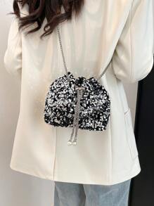 时尚亮片缀饰女士斜挎水桶包 - 彩色 - 查看 4