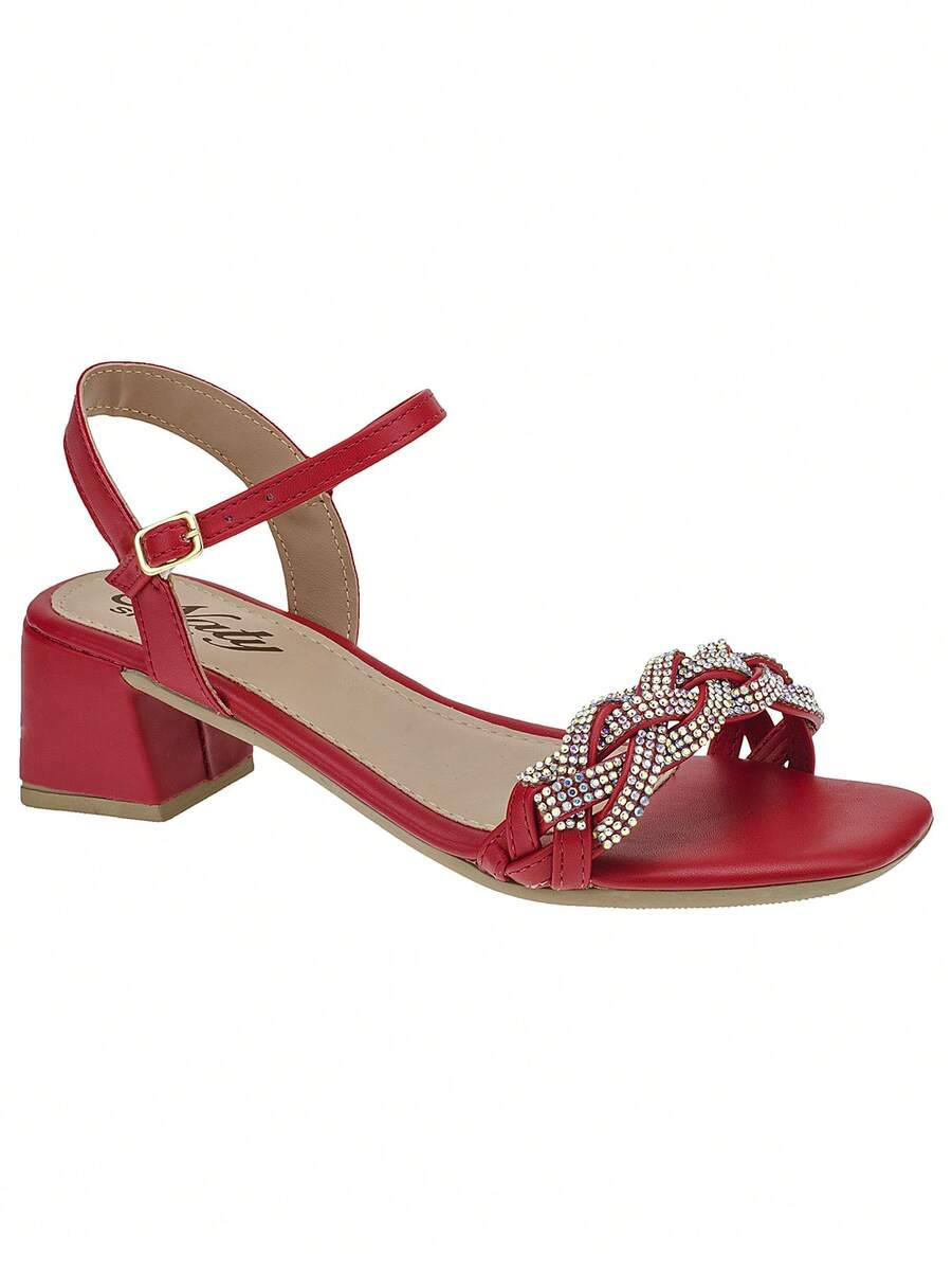 Sandals 41,42,43 Medium Thick Heel Everyday Rhinestone Square Toe Casual Shiny - 紅色 - 查看 1