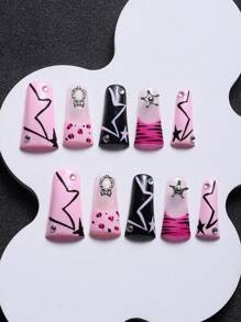 10pcs Long Almond-Shaped Pink Leopard Pattern French Style Handmade Nail Art Tips, Y2K Glam Rhinestone Decor Press On Nails