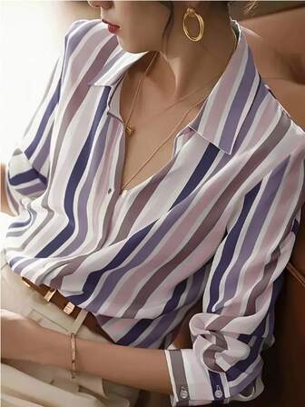 Women's Striped Long-Sleeve Polyester Shirt With Button Collar