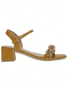 Sandals 41,42,43 Medium Thick Heel Everyday Rhinestone Square Toe Casual Shiny - 駝色 - 查看 4