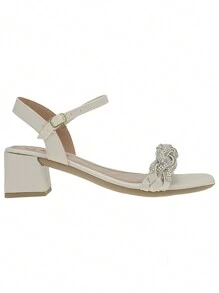 Sandals 41,42,43 Medium Thick Heel Everyday Rhinestone Square Toe Casual Shiny - 米色 - 查看 4