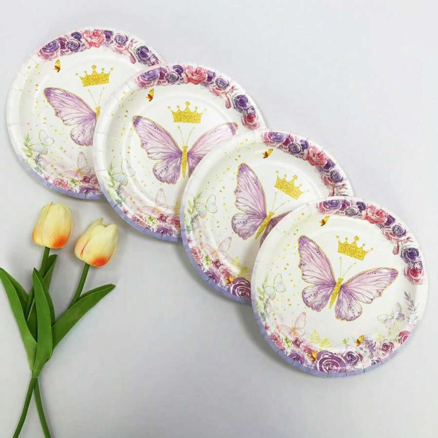10 件/20 件紫色蝴蝶纸盘春季蝴蝶主题生日派对装饰 7 英寸派对甜点盘 9 英寸餐盘适用于花园茶会餐桌装饰