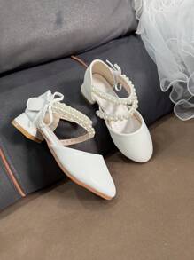 1 Pair Girls Elegant Bow Pearl Rhinestone Princess Design Dress Shoes, Pink Breathable Non-Slip High Heels, Suitable For Spring, Summer, Autumn Wedding, Party, Stage