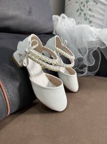 1 Pair Girls Elegant Bow Pearl Rhinestone Princess Design Dress Shoes, Pink Breathable Non-Slip High Heels, Suitable For Spring, Summer, Autumn Wedding, Party, Stage