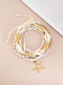 A Set Of 7 Pieces/Set Of Simple Alloy Bead Starfish Woven Shell Rope For Girls' Ankles, The Best Gift For Friends