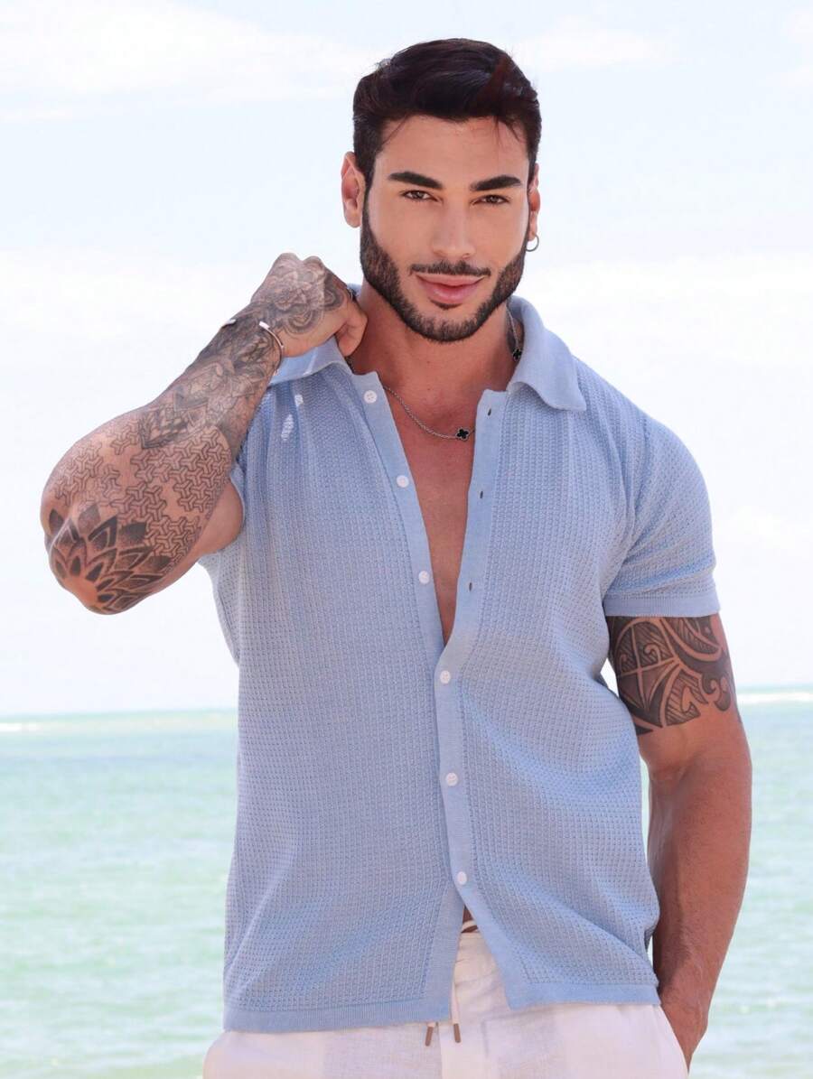 TRICOT DE LUXO Men's Short Sleeve Polo Collar Knit Shirt Blouse Summer Spring Men Casual High Quality Immediate Shipping - Màu xanh nhạt - Xem 1