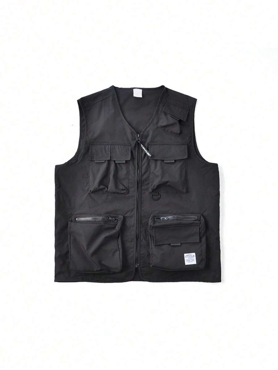 Men's Multi-Pocket Tooling Vest With Wide Shoulder Straps Summer New Loose Sleeveless Top - 黑色 - 查看 1