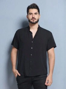 MEN'S TOP Shirt Priest Collar Short Sleeve Men's Formal Linen Shirt - màu đen - Xem 2