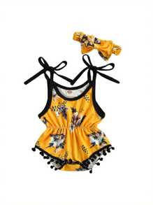 0-12M 2Pcs Breathable Baby Girls Outfit, Toddlers Summer Creative Fruit/Floral Printing Plush Ball Suspender Romper + Bow Headwear