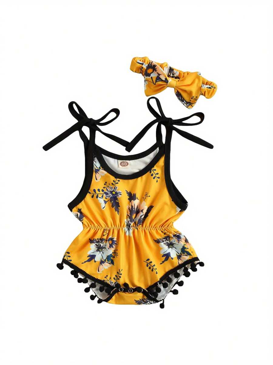 0-12M 2Pcs Breathable Baby Girls Outfit, Toddlers Summer Creative Fruit/Floral Printing Plush Ball Suspender Romper + Bow Headwear
