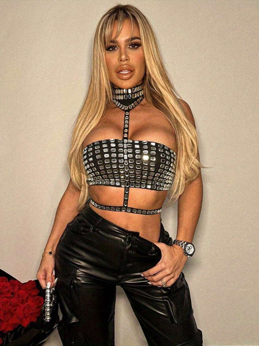 Ladies' Off Shoulder New Style Neck Hanging Sexy Backless Strap With Diamond Studded Fun Vest - Black