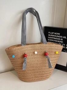 Women's Straw Woven Tote Bag, Shoulder Bag, Beach Bag, Spring - Khaki - View 2