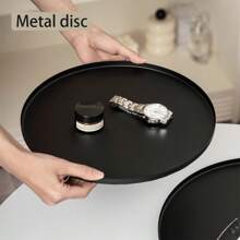 1pc Minimalist Metal Decorative Tray, Round Black Color, Suitable For Potted Plants, Candles, Cosmetics Storage, Desktop Organization