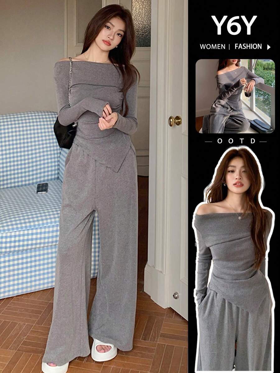 [Y6Y] 露肩不对称长袖上衣+长直筒裤，两件套休闲办公室装