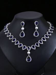 1 Set Of 3pcs Luxury Elegant Cubic Zirconia Necklace & Earrings Set, Bridal Wedding Party Dress Faux Pearl Jewelry Gift, Teardrop Decor For Women's Festive Wear