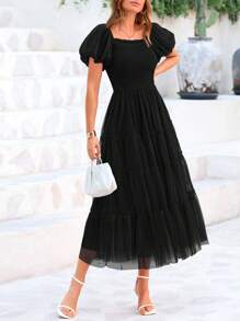 Women's  Summer Pleated Mid-Length Tulle Dress Puffy Short Sleeve Square Collar Ruffled Wedding Guest Graduation Party Dress - Black - View 1