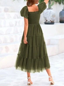 Women's  Summer Pleated Mid-Length Tulle Dress Puffy Short Sleeve Square Collar Ruffled Wedding Guest Graduation Party Dress - xanh quân đội - Xem 5