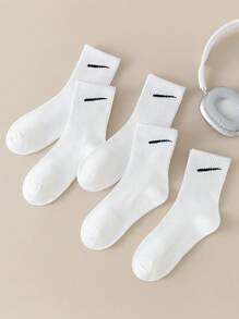 5 Pairs Pure White Socks For Women, Korean Style Mid-Calf Socks, Versatile For Summer, Unisex Athletic Socks For Autumn/Winter