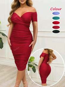Vestido de Coquetel Plissado com Ombro à Mostra, Elegante e Sexy para Mulheres, Vestido para Convidado de Casamento