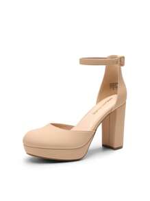 Women's Platform High Chunky Heels Pumps Closed Toe Block Ankle Strap Solid Color Comfortable Fashionable Bridal Party Wedding Dress Shoes - 杏色 - 查看 3