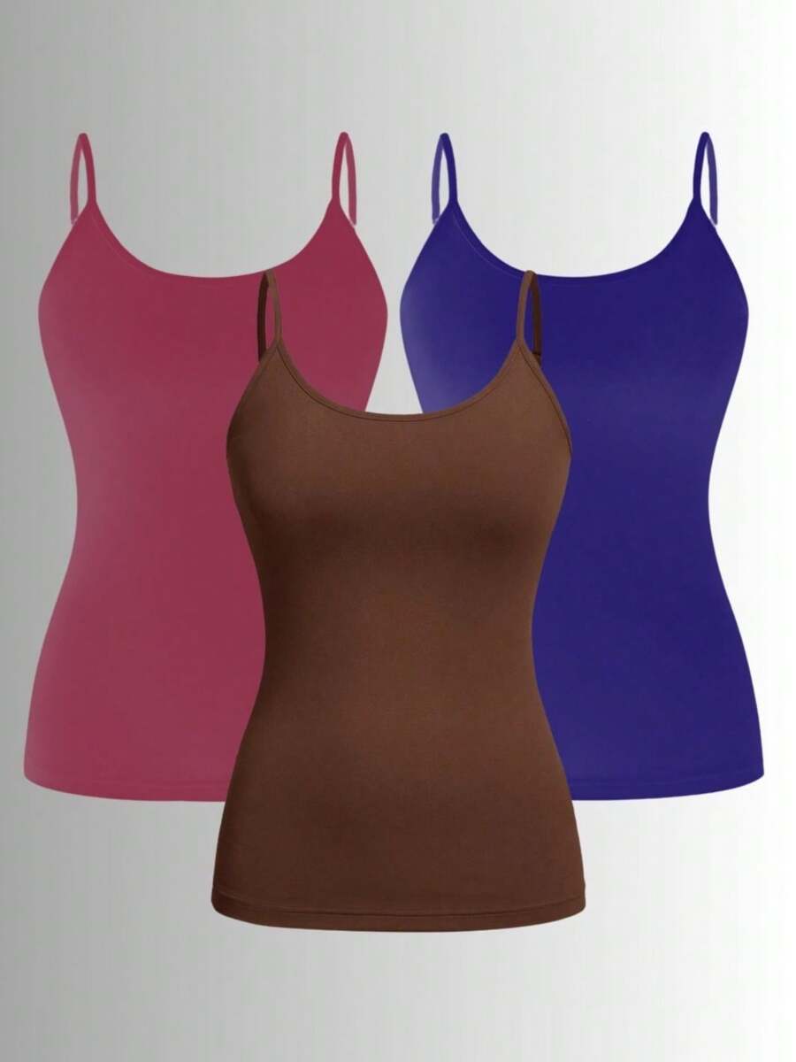 Kit Of 3 Women's Tank Tops Without Padded Underwire, Super Light Straps - Blue M. Brown and Wine - View 1