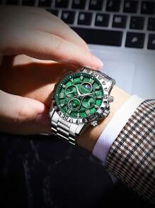 POEDAGAR 1pc Men's Sports Watch, Waterproof Chronograph, Luminous Stainless Steel Luxury Quartz Watch With Gift Box - Green - View 10