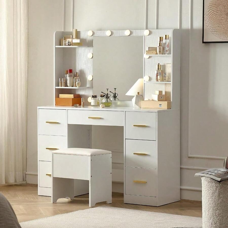 Large Makeup Vanity Desk With Folding Up Mirror With Mirror And Lights Dressing Table,Chair, 3 Adjustable Modes Of Color Brightness, For Bedroom(White)