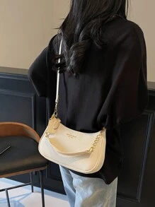 新款时尚经典百搭M字母图案PU防水面料单肩包，印花设计金属链条装饰法式长棍包，女士单肩包，适合购物、通勤、旅行 - 白色 - 查看 4