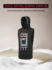 Men's Casual Letter Printed Comfortable Sleeveless Hooded Sports Vest, Fitness Basketball Running Activewear, Stretchy Top For Spring/Summer