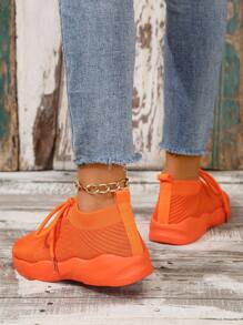 网眼系带运动鞋，女士柔软、轻便、厚底、透气、跑步、休闲运动鞋 - 桔色 - 查看 3
