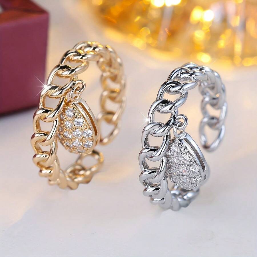 1pc Open Chain Link Geometric Hollow Cubic Zirconia Ring, Vintage Style