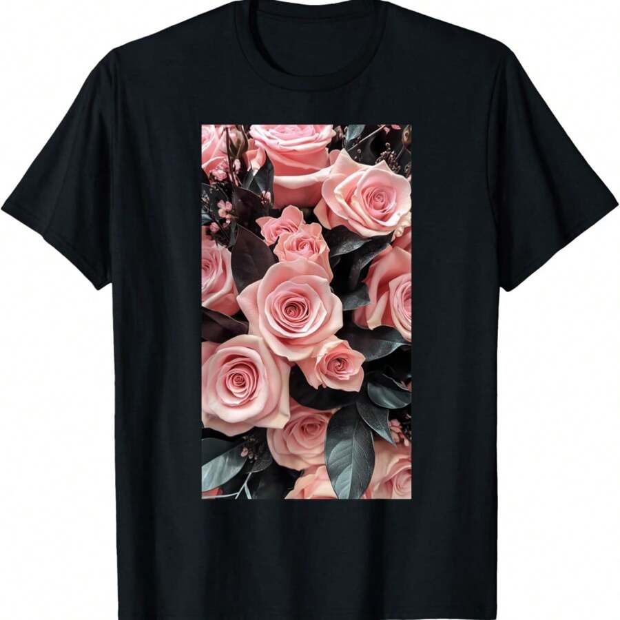 Modern Aesthetic Pastel Pink Roses Pink Roses T-Shirt - Black - View 1