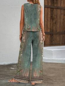 2pcs/Set Women's Round Neck Patterned Elasticated Waist Tank Top And Pants Set