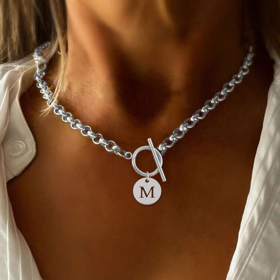 1pc Minimalist Silver Circular Hollow Letter Pendant With T-Clasp And Stainless Steel Chain Necklace, Women - Stainless Steel Silver - View 1