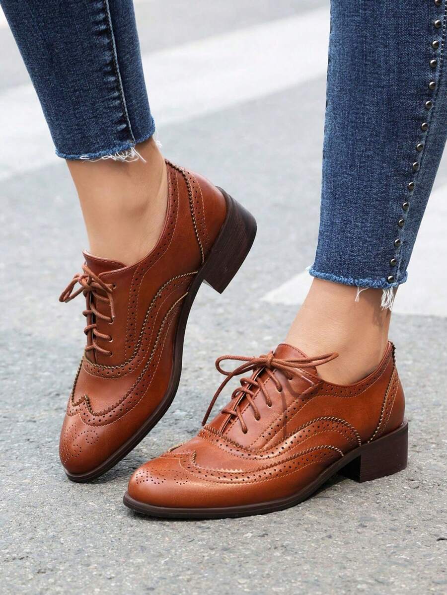 Women's Pointed Toe Lace-Up Brogue Pumps Fashion Mixed Colors Patchwork Block Chunky Heel British Style Flat Oxford Shoes - màu nâu - Xem 1