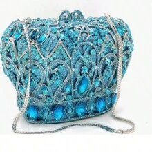 Gold Silver Women Luxury Crown Shaped Crystal Evening Clutch Elegant Rhinestones Party Handbag And Purse ,Crown Crystal Clutch Purse Women Formal Evening Minaudiere Handbags Party Dinner Rhinestone Clutch Bag,Mini - 藍色 - 查看 3