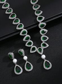 1 Set Of 3pcs Luxury Elegant Cubic Zirconia Necklace & Earrings Set, Bridal Wedding Party Dress Faux Pearl Jewelry Gift, Teardrop Decor For Women's Festive Wear