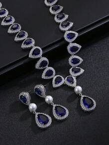 1 Set Of 3pcs Luxury Elegant Cubic Zirconia Necklace & Earrings Set, Bridal Wedding Party Dress Faux Pearl Jewelry Gift, Teardrop Decor For Women's Festive Wear
