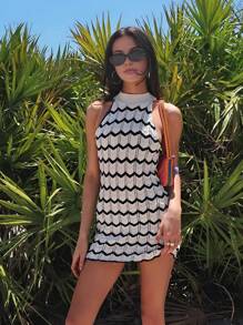 春夏新款圆领条纹无袖针织毛衣女式背心裙，度假风格