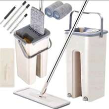 MOP PLAT AVEC RACLETTE DE SOL + SEAU À DEUX COMPARTIMENTS Tapis de nettoyage à séchage rapide, Seau à franges de nettoyage de sol robuste, Accessoires de nettoyage de robinet de cuisine flexible, Tête de serpillière flexible 360°, Tampons réutilisables Nettoyants pour sol à la maison
