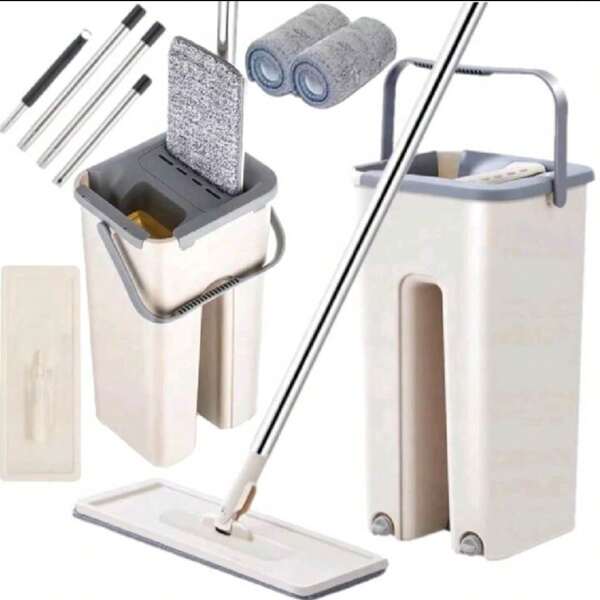 MOP PLAT AVEC RACLETTE DE SOL + SEAU À DEUX COMPARTIMENTS Tapis de nettoyage à séchage rapide, Seau à franges de nettoyage de sol robuste, Accessoires de nettoyage de robinet de cuisine flexible, Tête de serpillière flexible 360°, Tampons réutilisables Nettoyants pour sol à la maison