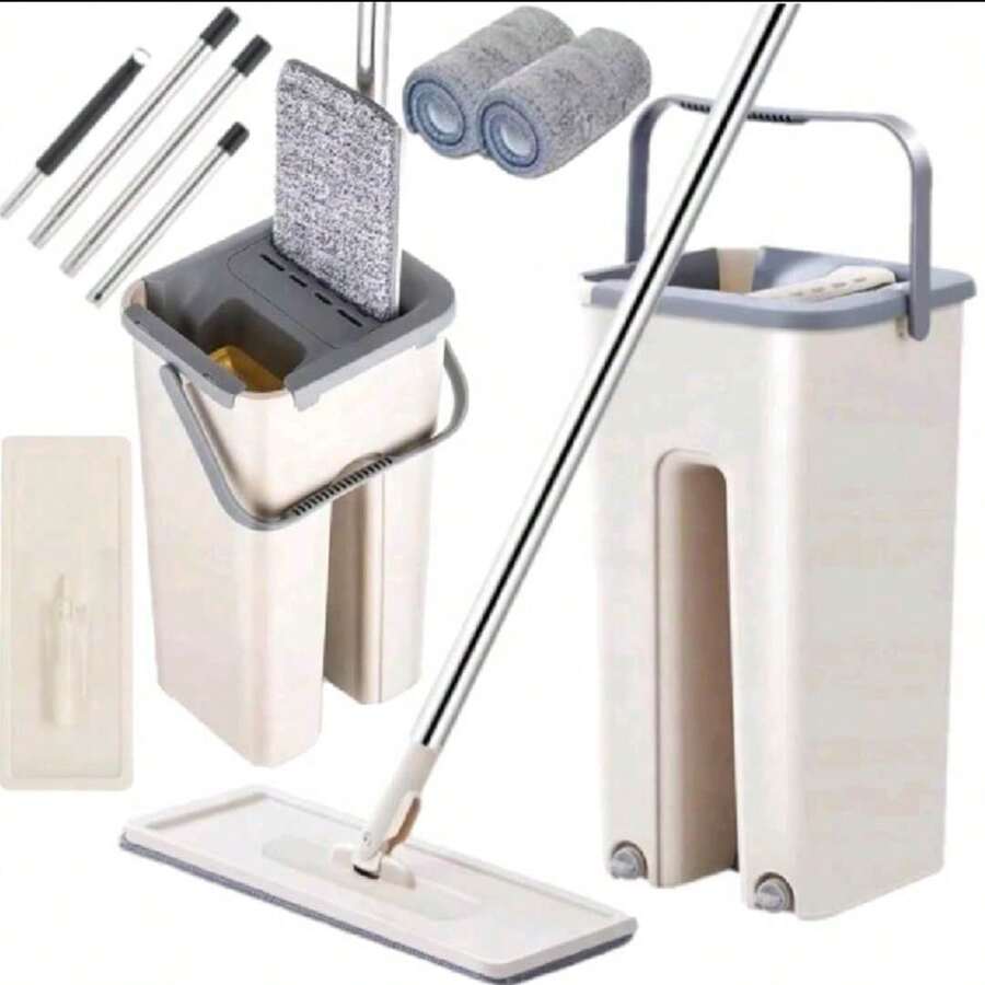 MOP PLAT AVEC RACLETTE DE SOL + SEAU À DEUX COMPARTIMENTS Tapis de nettoyage à séchage rapide, Seau à franges de nettoyage de sol robuste, Accessoires de nettoyage de robinet de cuisine flexible, Tête de serpillière flexible 360°, Tampons réutilisables Nettoyants pour sol à la maison