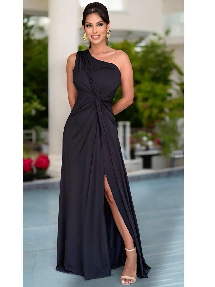 Long Emerald Dress Blue Green Red Marsala Rose Olive + Colors Luxury And Elegance For Bridesmaids Graduates And Guests With One Shoulder With Fluid Cup Fits 36 To 42 - 黑色 - 查看 1
